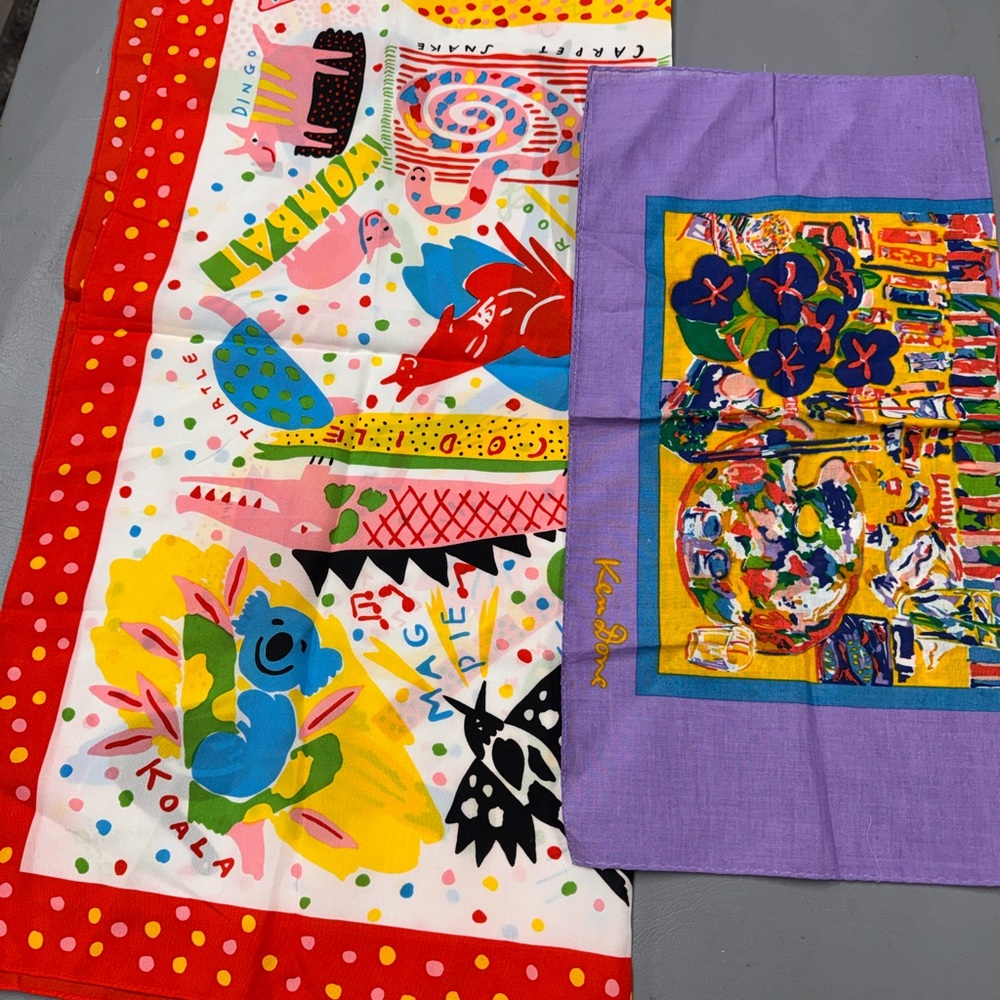 Set of 2 Vintage Ken Done Square Scarves, 24” and 16”